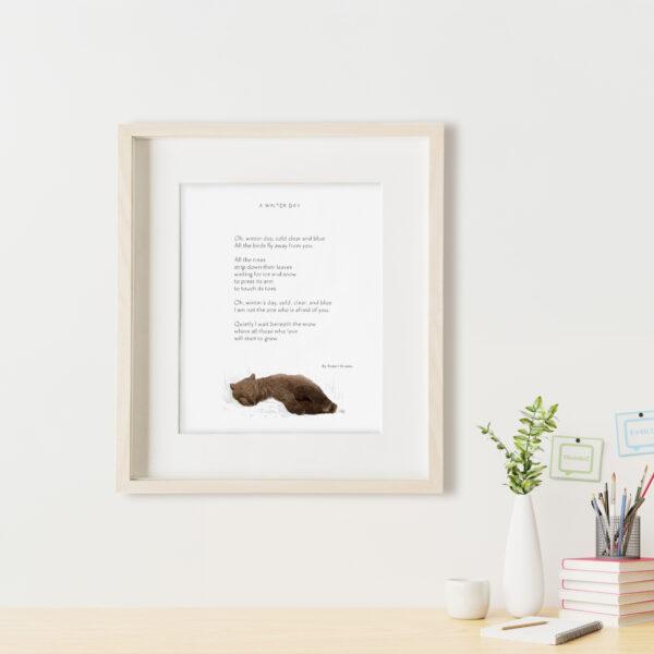 Cozy office interior with Felix Doolittle's hand-drawn watercolor giclée art print of the poem A Winter Day, showcasing inspirational poetry in calligraphy with soft watercolor tones, styled on a modern wall for calm, mindful home decor inspiration.