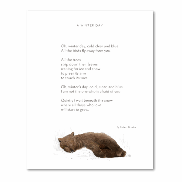 Hand-drawn watercolor premium giclée art print featuring the A Winter Day Poem, inspirational poetry and uplifting quotes blending calligraphy and Felix Doolittle's watercolor illustration in harmonious unity, perfect for wall decor and mindful home inspiration.