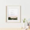 Cozy office interior with Felix Doolittle's hand-drawn watercolor giclée art print of the poem September Breeze, showcasing inspirational poetry in calligraphy with soft watercolor tones, styled on a modern wall for calm, mindful home decor inspiration.