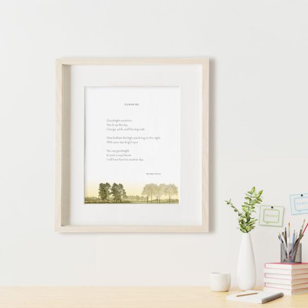 Cozy home interior with Felix Doolittle's hand-drawn watercolor giclée art print of the poem Sunshine, showcasing inspirational poetry in calligraphy with soft watercolor tones, styled on a modern wall for calm, mindful home decor inspiration.