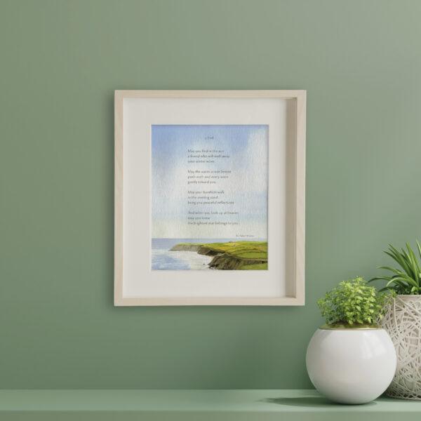 Cozy home interior with Felix Doolittle's hand-drawn watercolor giclée art print of the poem Love, showcasing inspirational poetry in calligraphy with soft watercolor tones, styled on a modern wall for calm, mindful home decor inspiration.