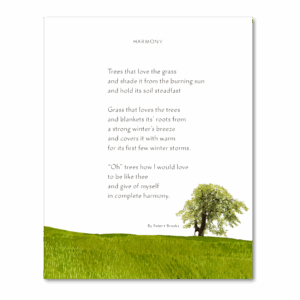 Hand-drawn watercolor premium giclée art print featuring the Harmony Poem, inspirational poetry and uplifting quotes blending calligraphy and Felix Doolittle's watercolor illustration in harmonious unity, perfect for wall decor and mindful home inspiration.